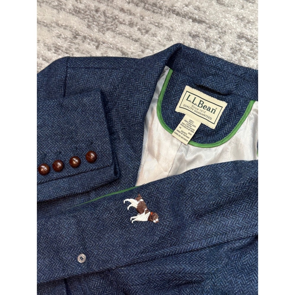 L.L. Bean‎ Blazer Womens 14 Blue Shetland Wool Herringbone Dog Embroidery Jacket